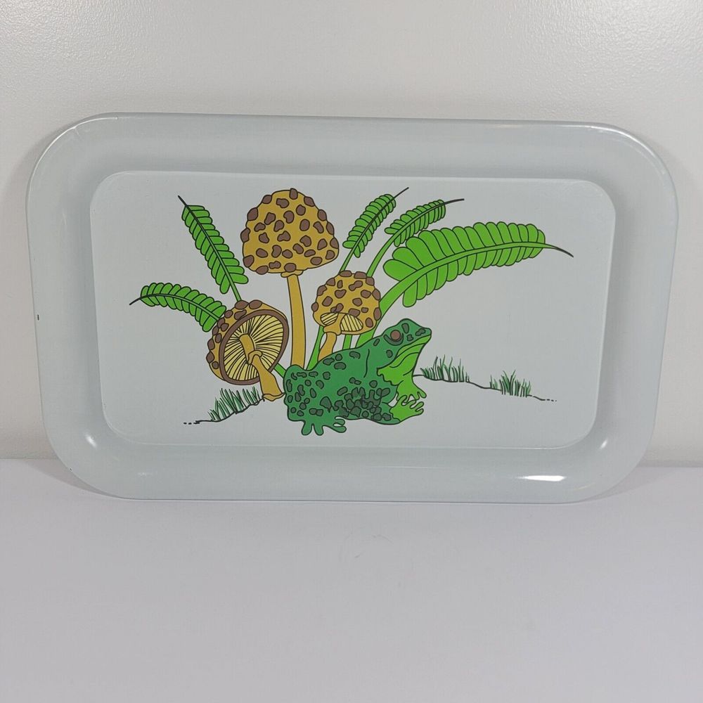 Mushroom Frog‎ Forest Rectangle White Metal Tin Tray 14" x 9"